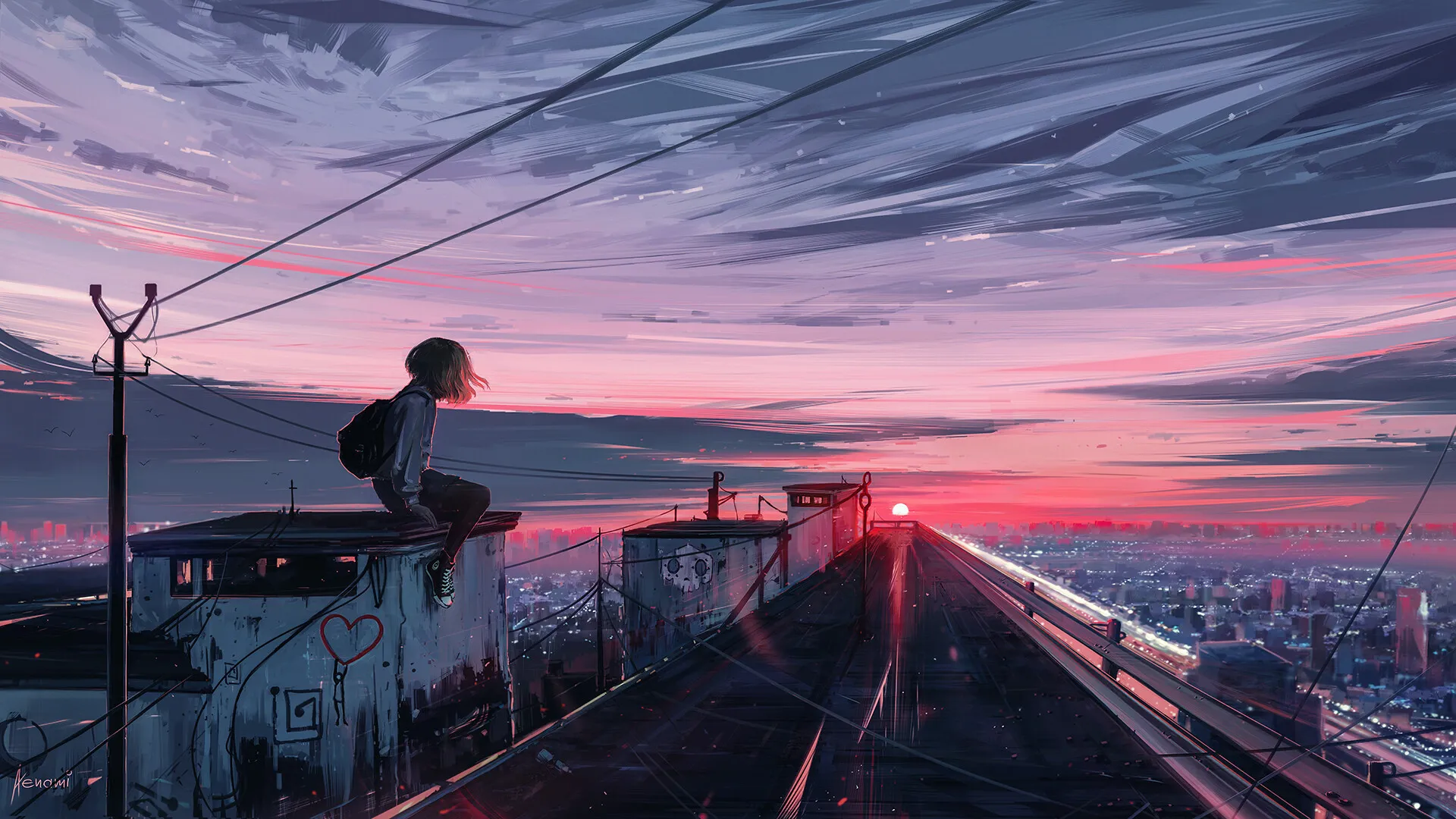 A girl on a rooptop looking out over a city with a sunset in the background
